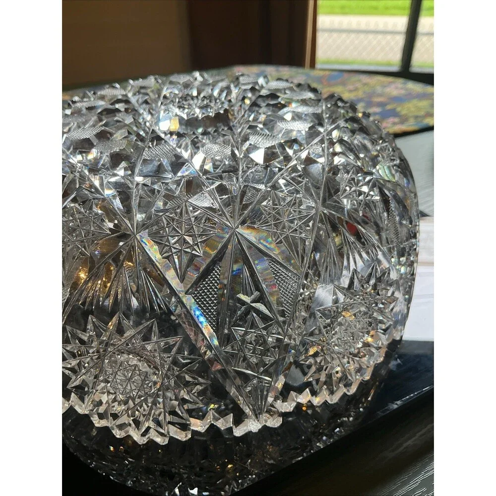 American Brilliant Lead Cut Glass Bowl 8.25 Inch Clear Antique Sawtooth Edge